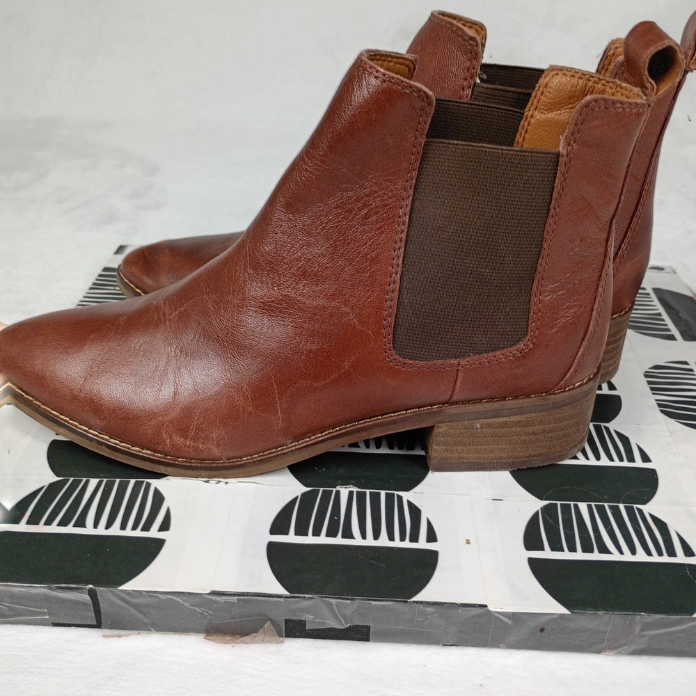 Lucky Brand Basel Brown Leather Chelsea Ankle Boots Women Point Toe Stacked Heel - Picture 5 of 9